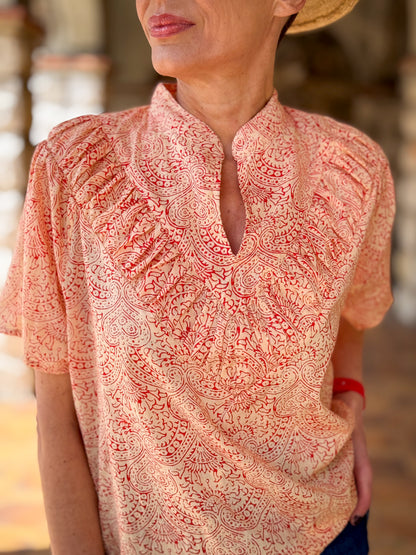 Women’s Cotton Block Print Blouse – Tunisian Collar, Short Sleeves, Flowy Fit