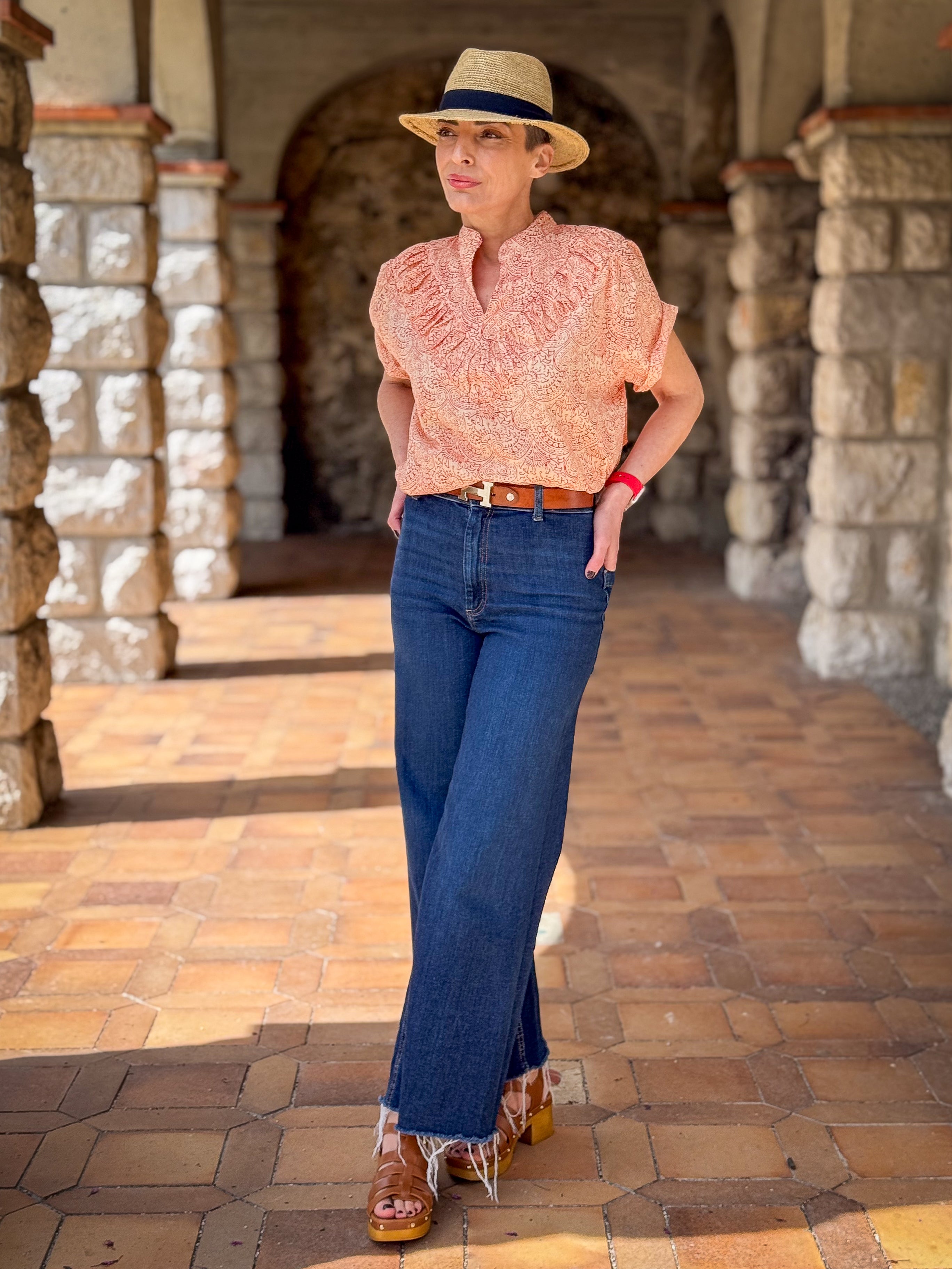 Women’s Cotton Block Print Blouse – Tunisian Collar, Short Sleeves, Flowy Fit