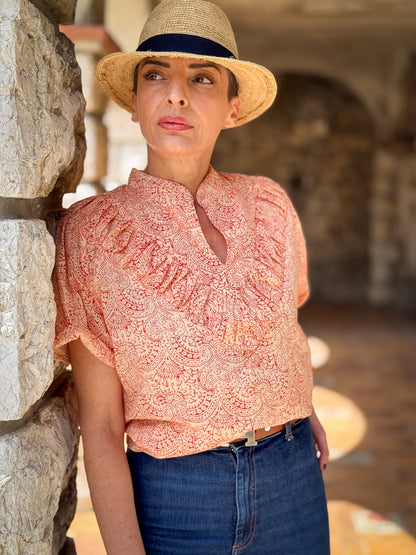 Women’s Cotton Block Print Blouse – Tunisian Collar, Short Sleeves, Flowy Fit
