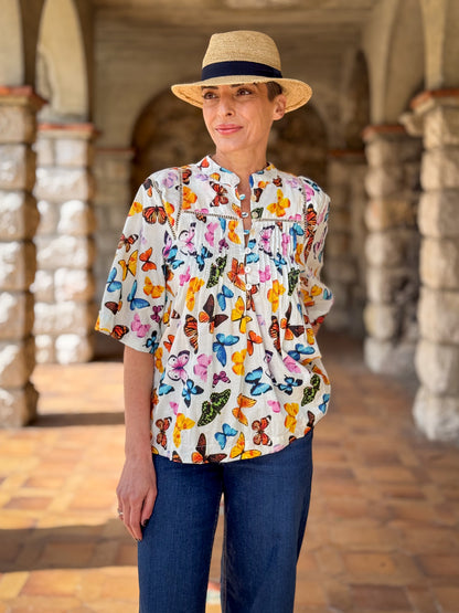 Women’s Cotton Block Print Blouse – Tunisian Collar, Short Sleeves, Flowy Fit