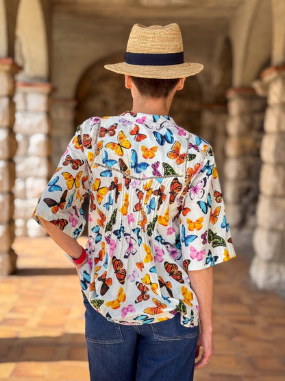 Women’s Cotton Block Print Blouse – Tunisian Collar, Short Sleeves, Flowy Fit