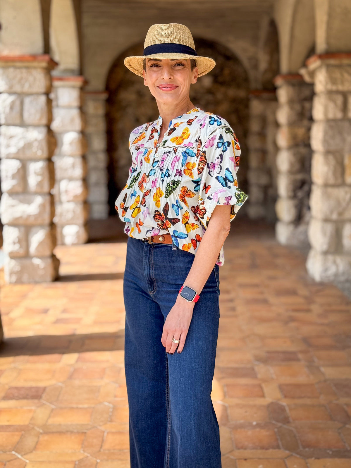 Women’s Cotton Block Print Blouse – Tunisian Collar, Short Sleeves, Flowy Fit