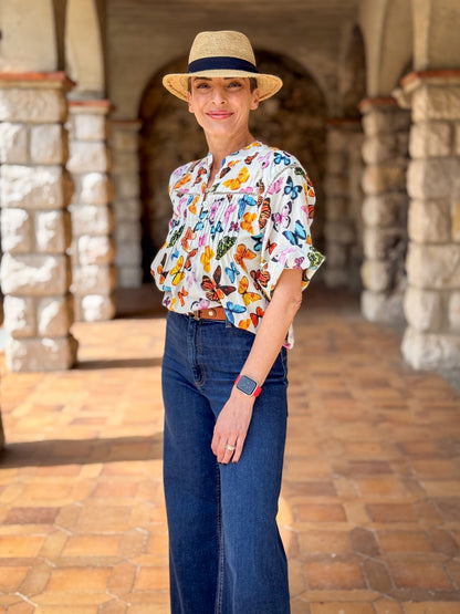Women’s Cotton Block Print Blouse – Tunisian Collar, Short Sleeves, Flowy Fit