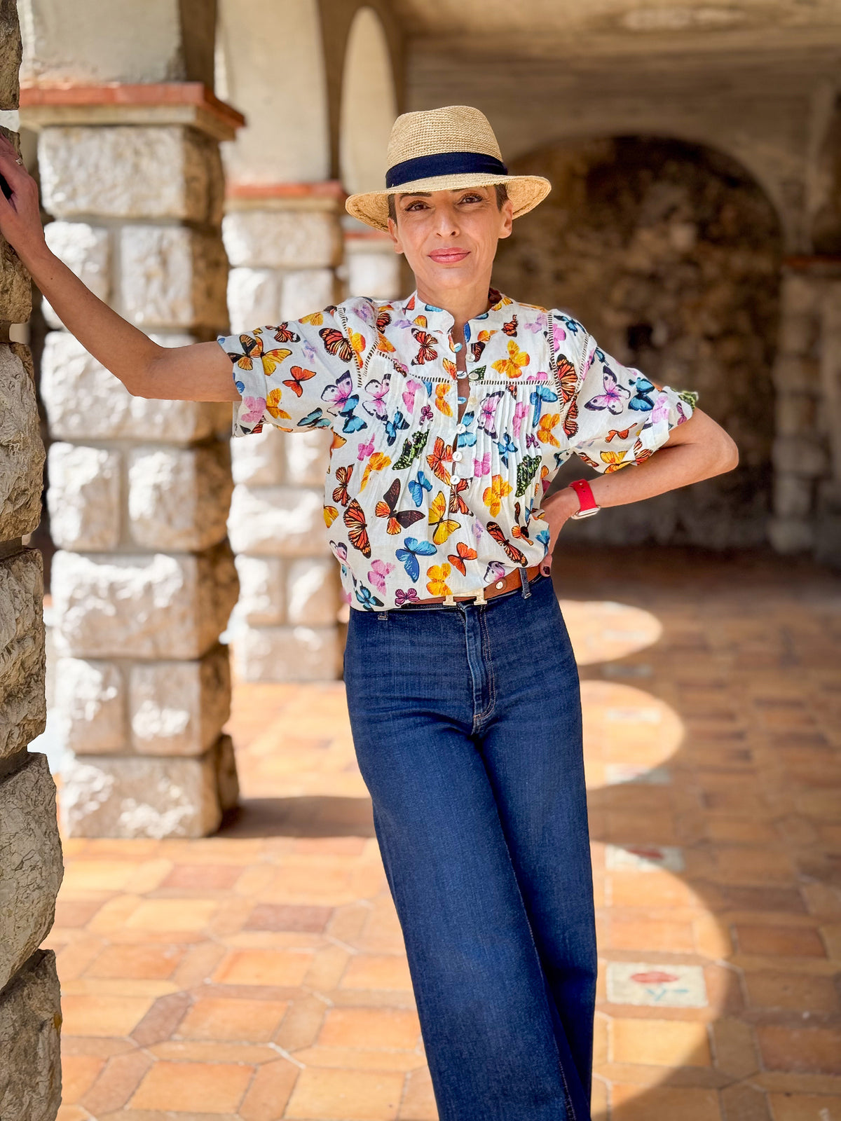 Women’s Cotton Block Print Blouse – Tunisian Collar, Short Sleeves, Flowy Fit