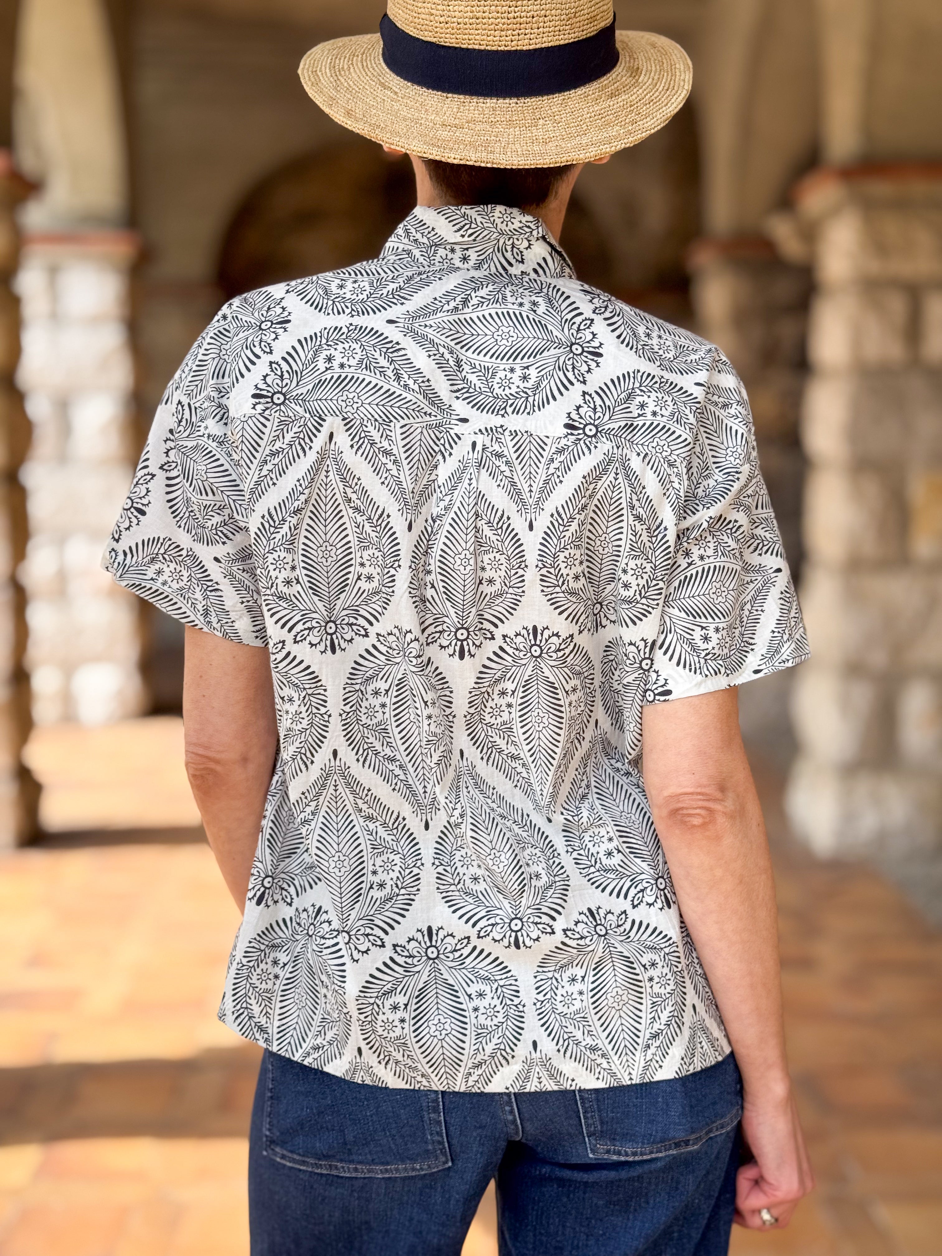 Women’s Cotton Block Print Blouse – 3/4 Sleeves, Coconut Buttons, Relaxed Fit