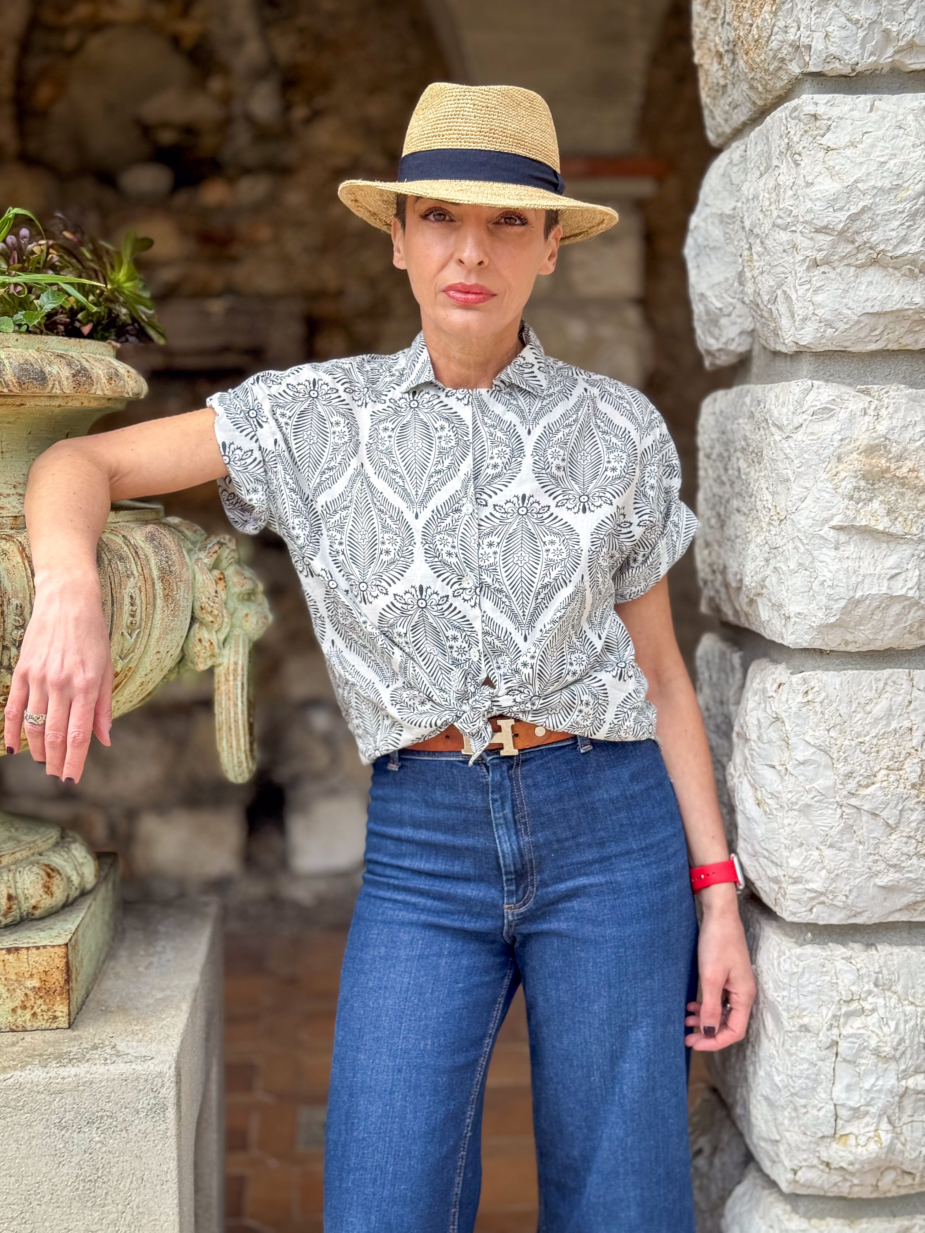 Women’s Cotton Block Print Blouse – 3/4 Sleeves, Coconut Buttons, Relaxed Fit