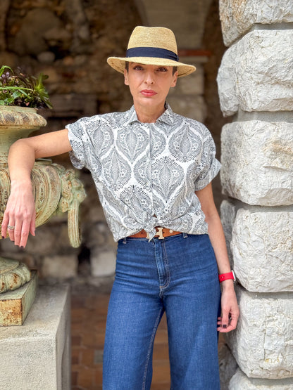 Women’s Cotton Block Print Blouse – 3/4 Sleeves, Coconut Buttons, Relaxed Fit