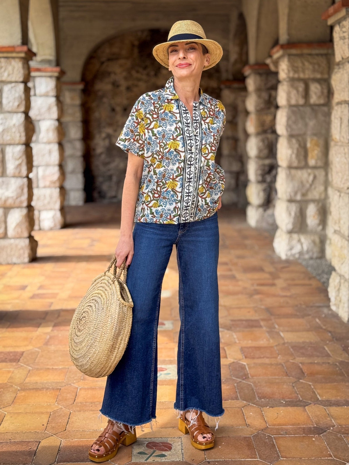 Chemisier femme en coton block print – Manches 3/4, boutons coco, look décontracté et chic