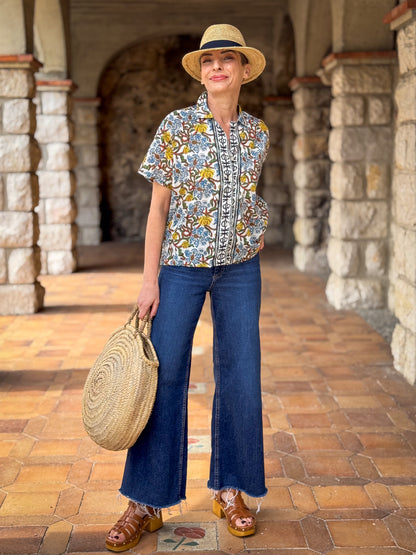 Women’s Cotton Block Print Blouse – 3/4 Sleeves, Coconut Buttons, Relaxed Fit