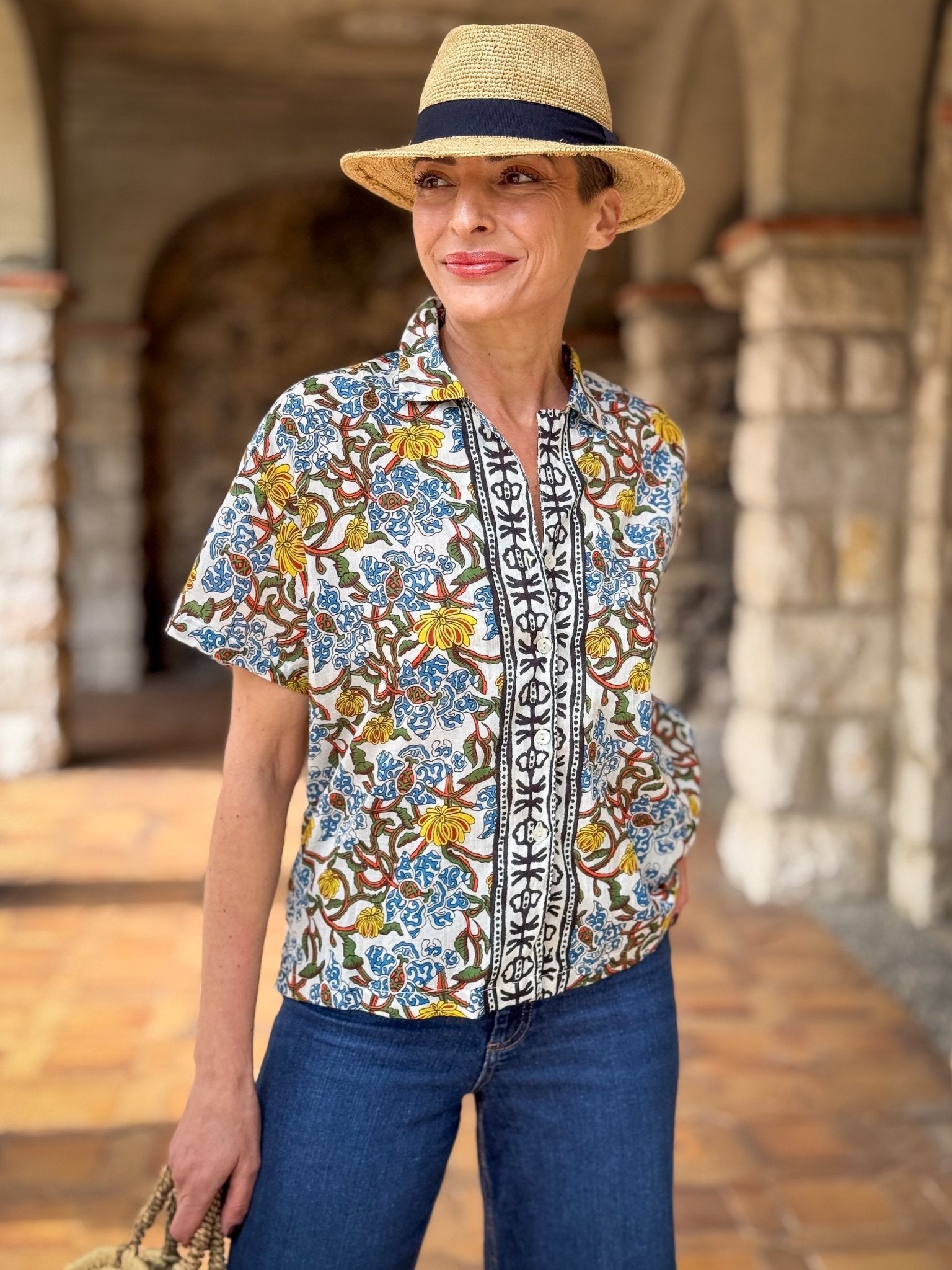 Chemisier femme en coton block print – Manches 3/4, boutons coco, look décontracté et chic