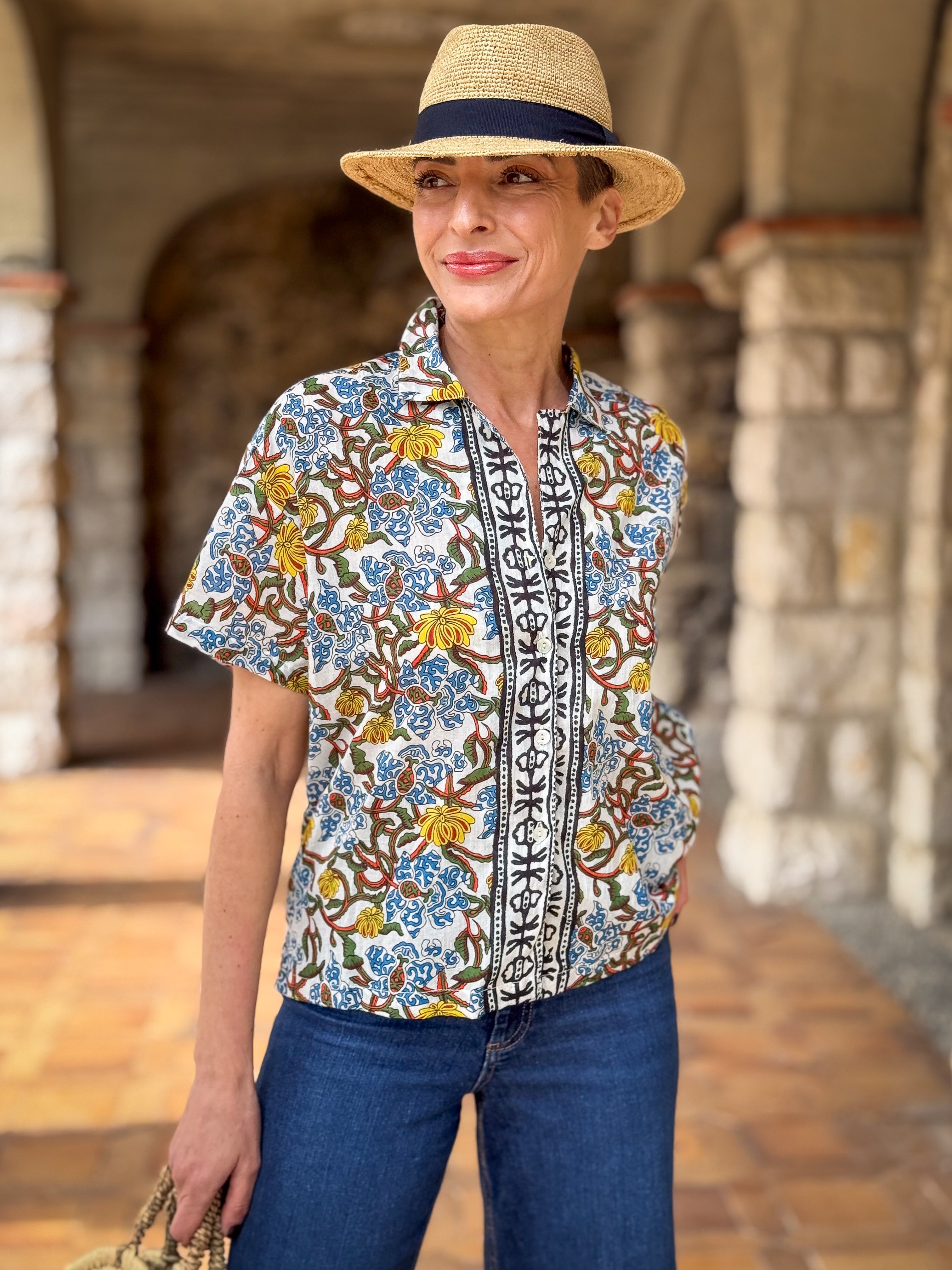 Women’s Cotton Block Print Blouse – 3/4 Sleeves, Coconut Buttons, Relaxed Fit