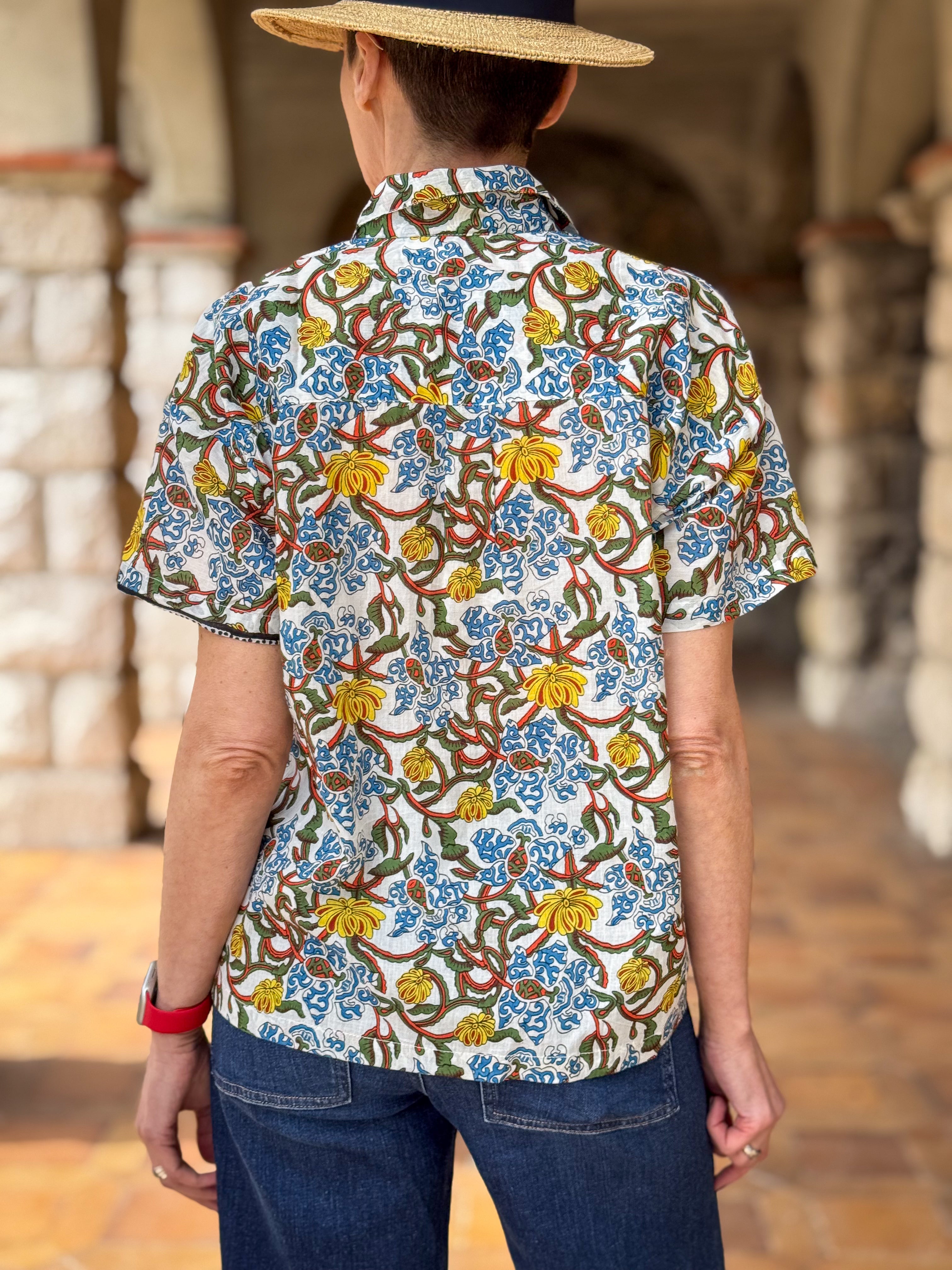 Women’s Cotton Block Print Blouse – 3/4 Sleeves, Coconut Buttons, Relaxed Fit