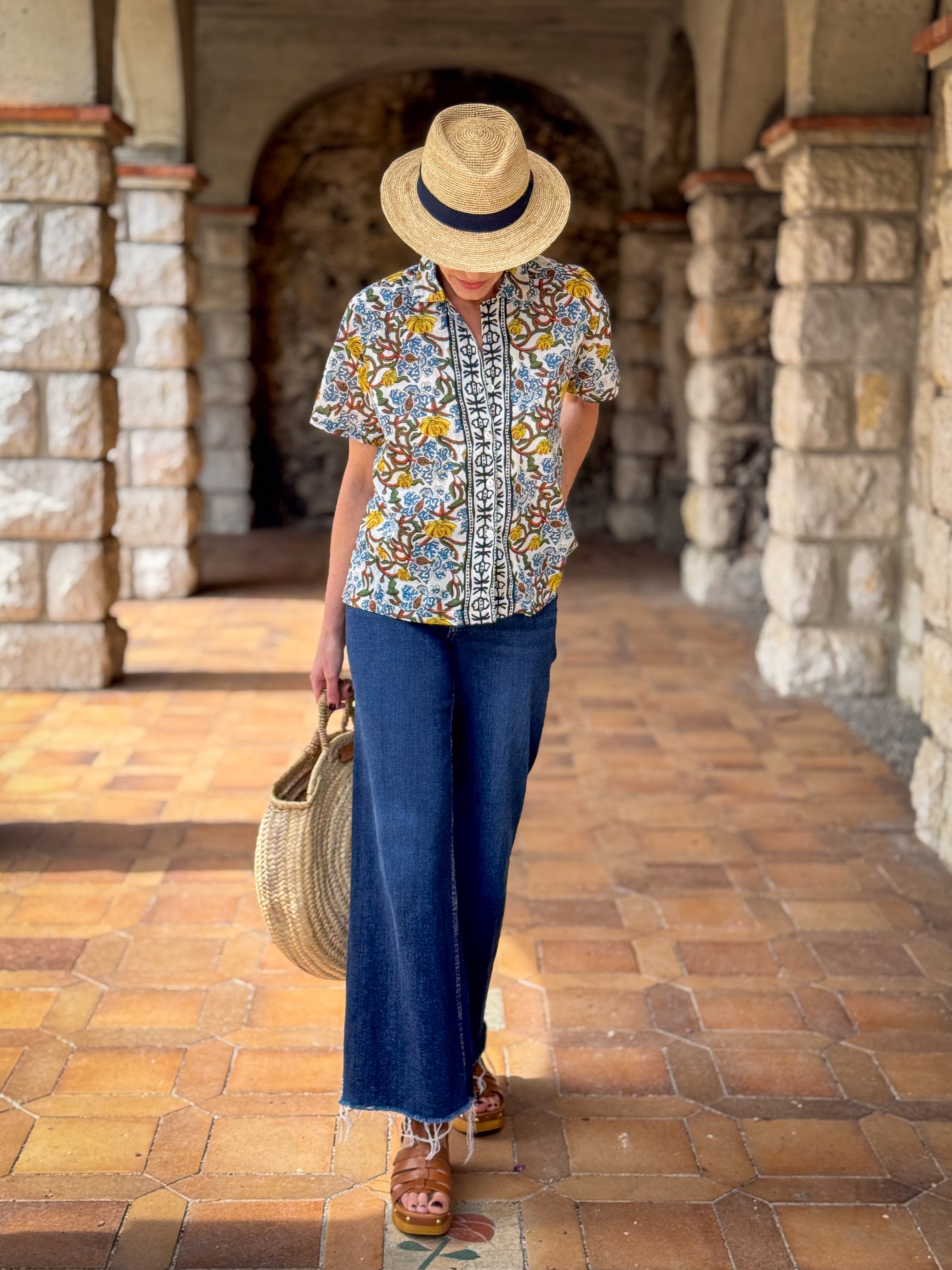 Women’s Cotton Block Print Blouse – 3/4 Sleeves, Coconut Buttons, Relaxed Fit