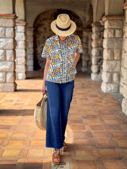 Women’s Cotton Block Print Blouse – 3/4 Sleeves, Coconut Buttons, Relaxed Fit