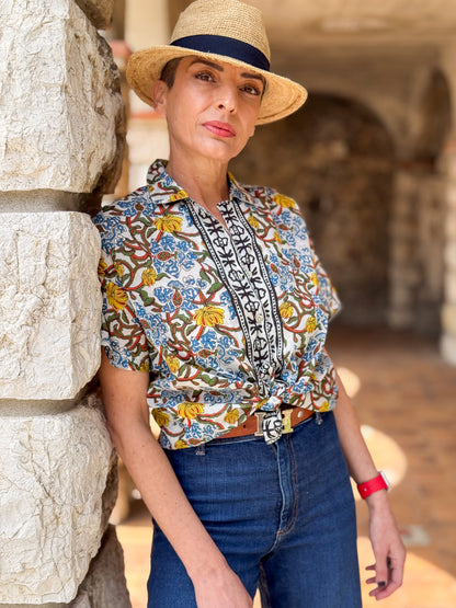Women’s Cotton Block Print Blouse – 3/4 Sleeves, Coconut Buttons, Relaxed Fit