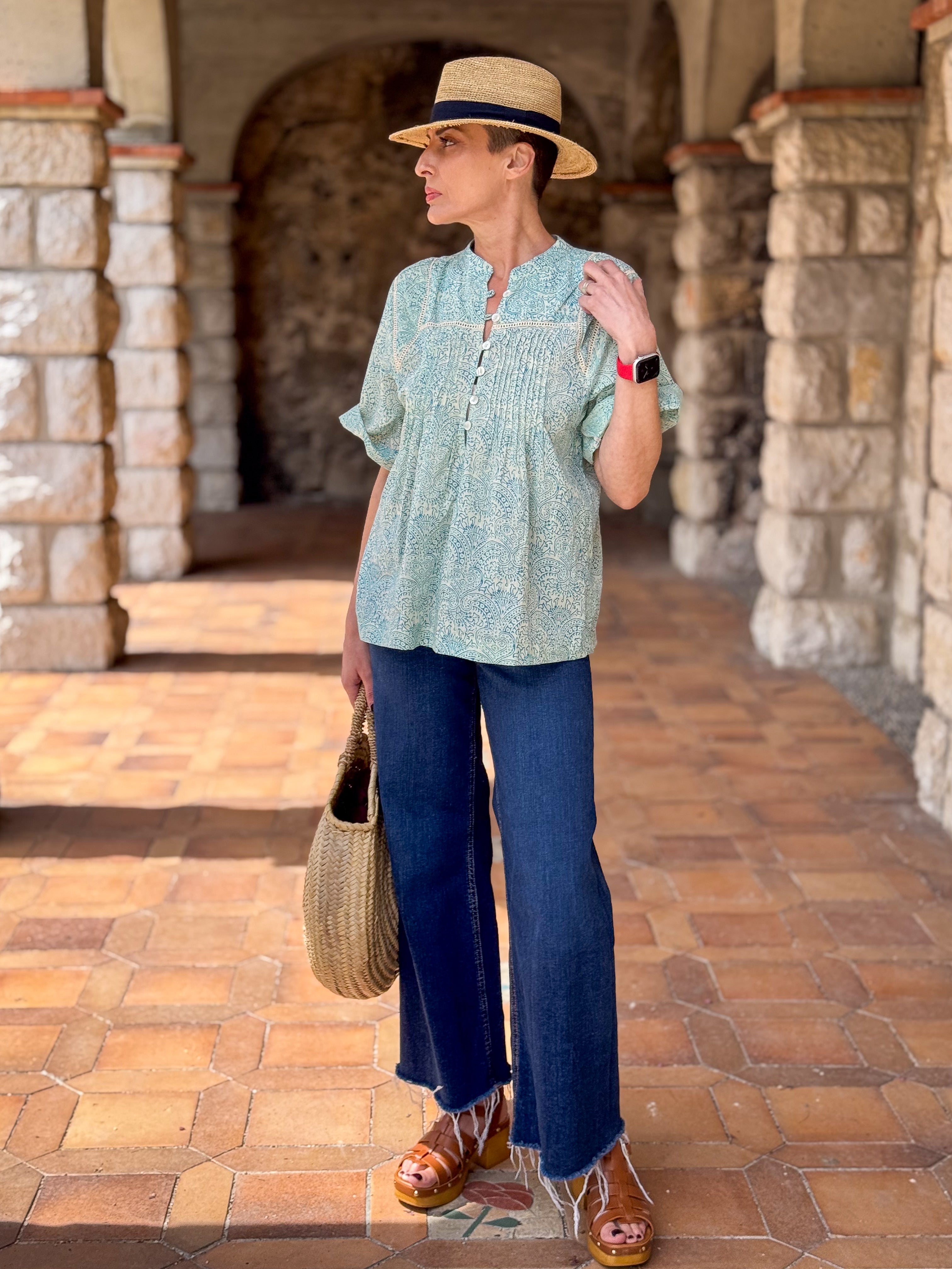 Women’s Cotton Block Print Blouse – Tunisian Collar, Short Sleeves, Flowy Fit