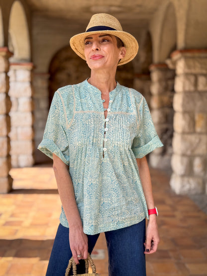 Women’s Cotton Block Print Blouse – Tunisian Collar, Short Sleeves, Flowy Fit