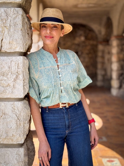 Women’s Cotton Block Print Blouse – Tunisian Collar, Short Sleeves, Flowy Fit