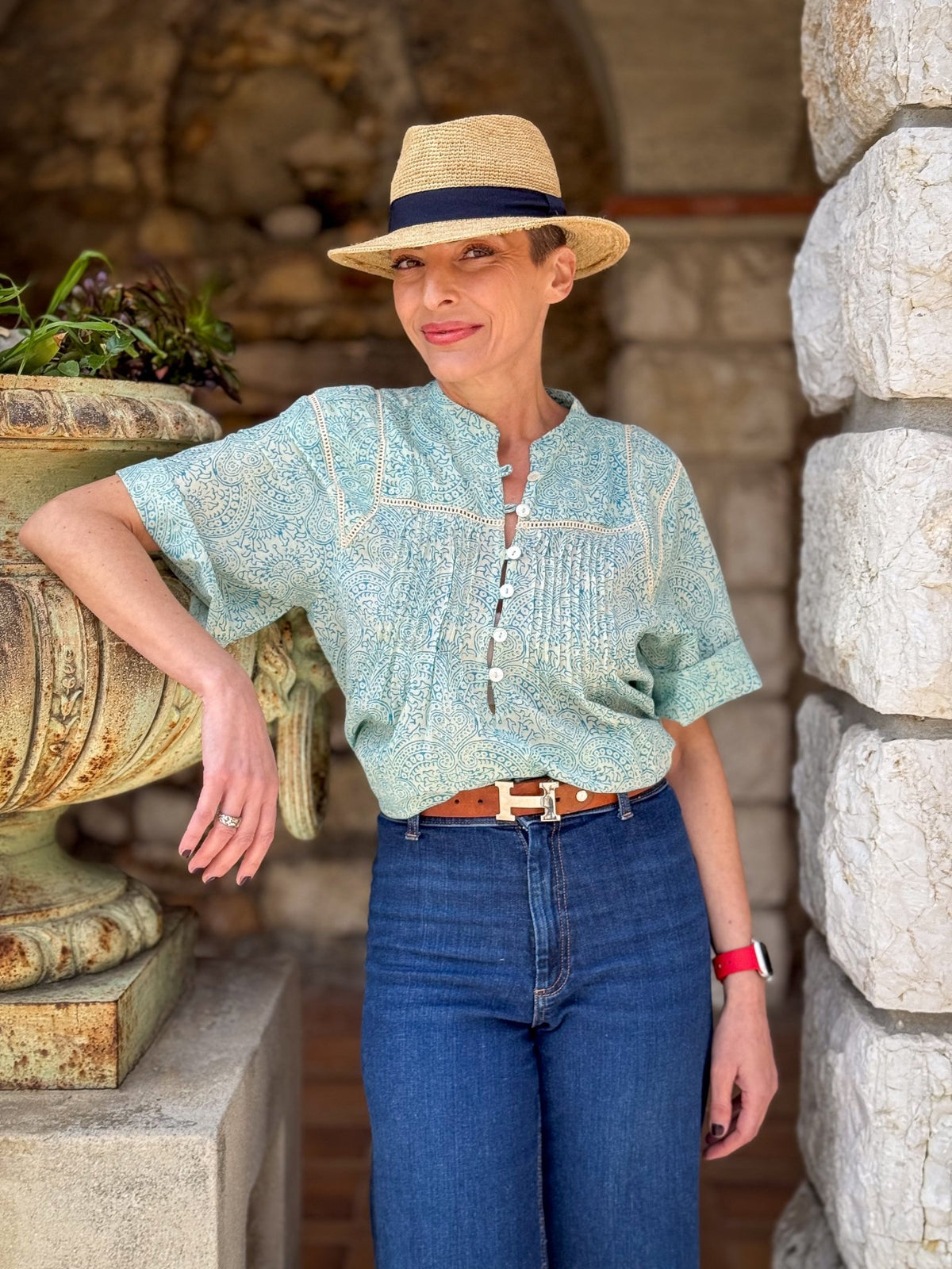 Women’s Cotton Block Print Blouse – Tunisian Collar, Short Sleeves, Flowy Fit