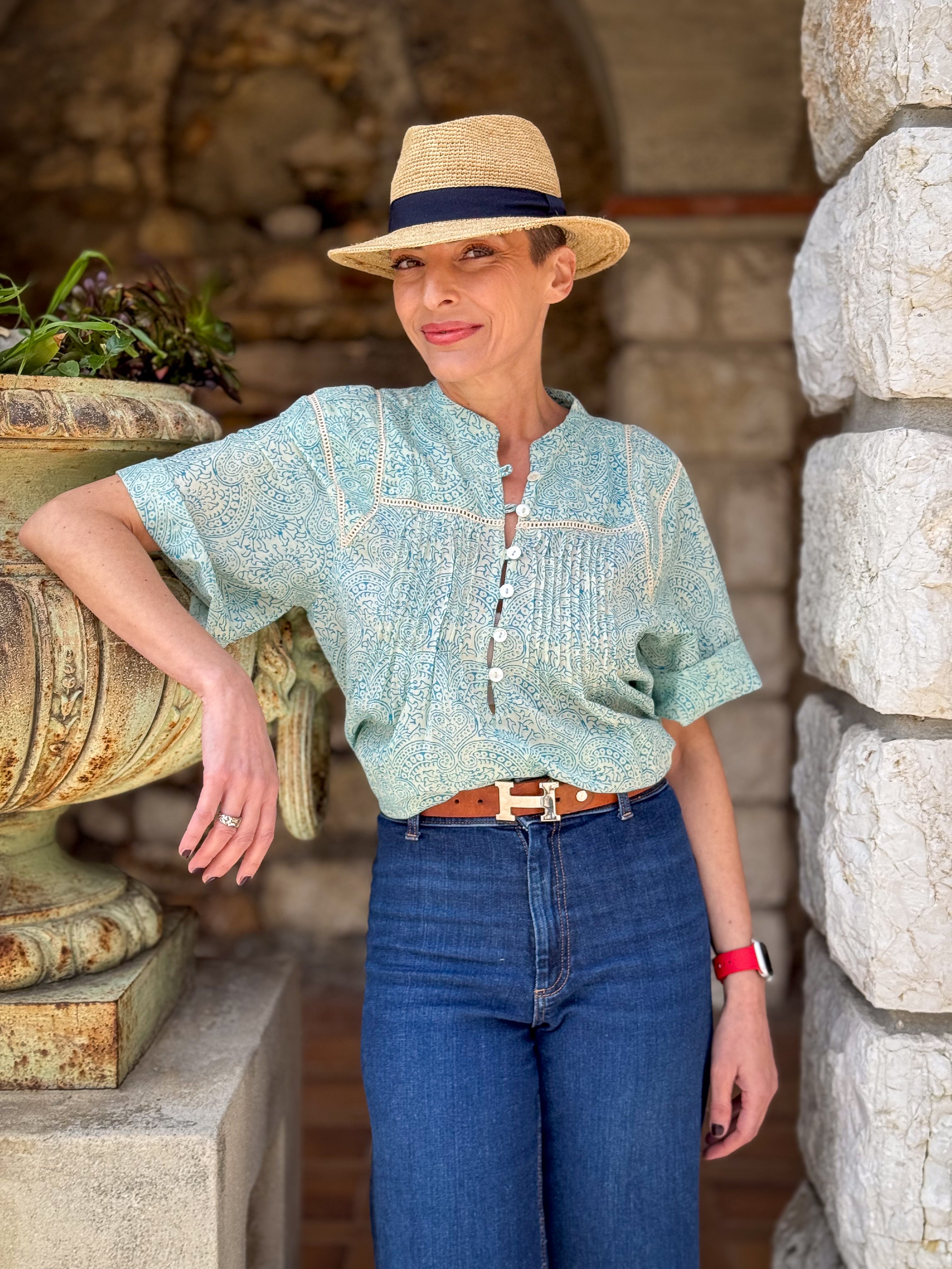 Women’s Cotton Block Print Blouse – Tunisian Collar, Short Sleeves, Flowy Fit