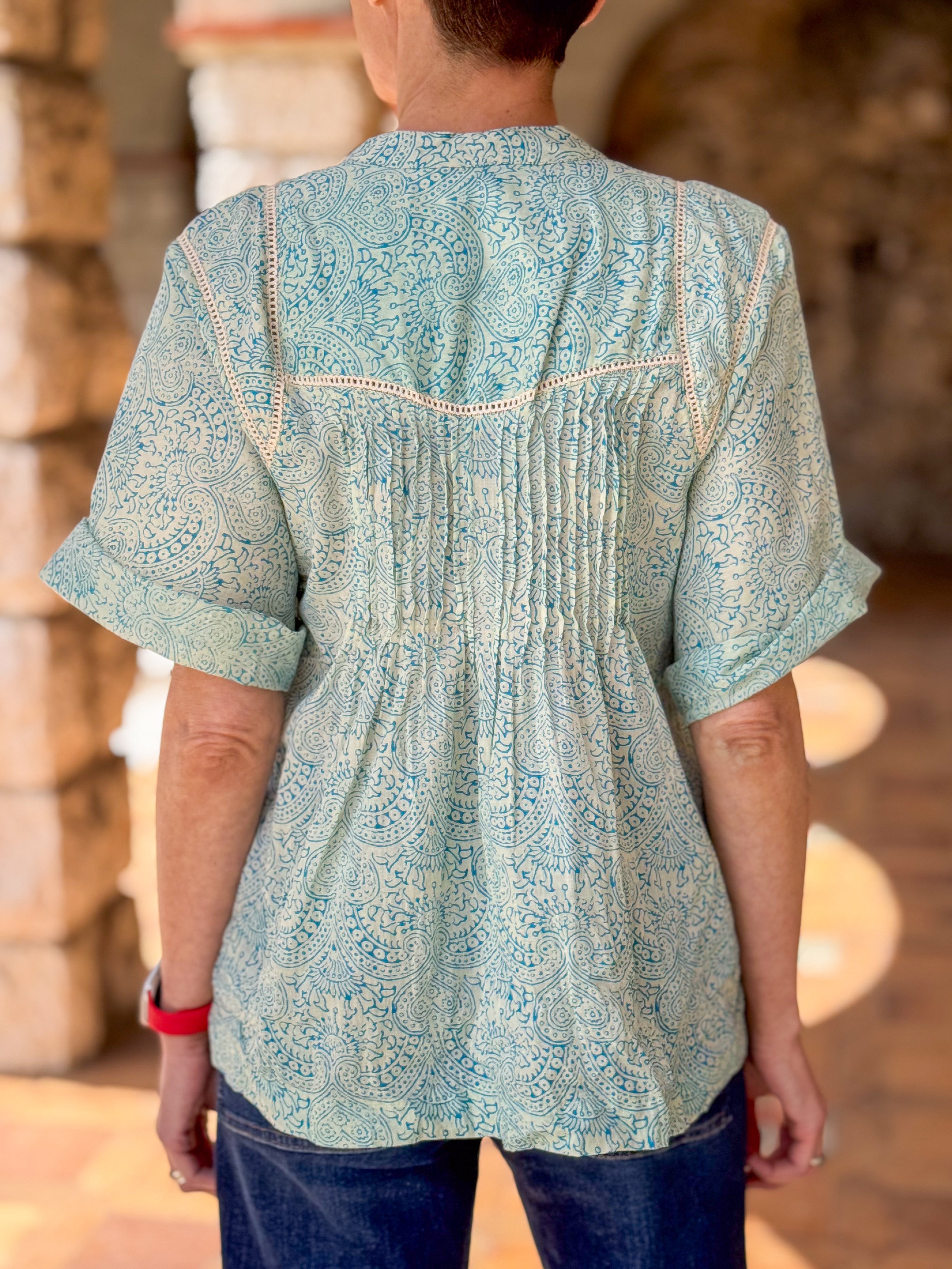 Women’s Cotton Block Print Blouse – Tunisian Collar, Short Sleeves, Flowy Fit