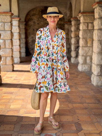 Women’s Short Cotton Dress with Butterfly Print – Loose Fit, Long Sleeves