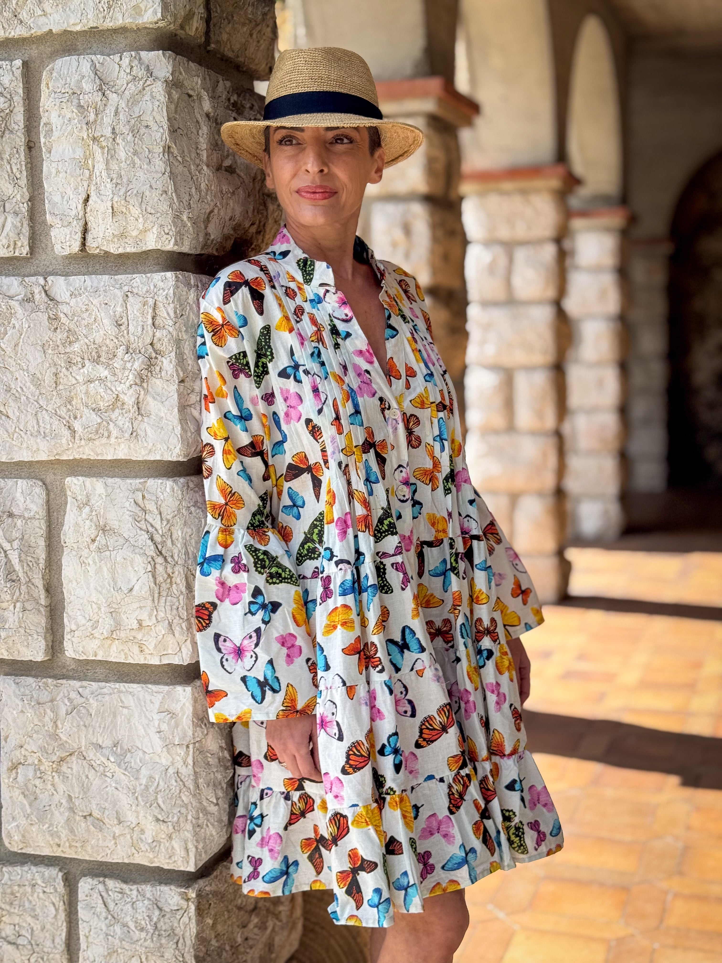 Women’s Short Cotton Dress with Butterfly Print – Loose Fit, Long Sleeves