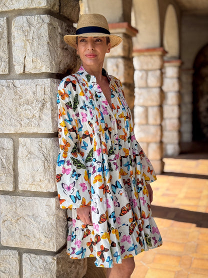 Women’s Short Cotton Dress with Butterfly Print – Loose Fit, Long Sleeves