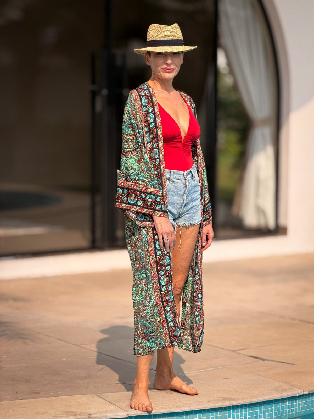 Green Vintage Silk Kimono – open front – elegant boho style