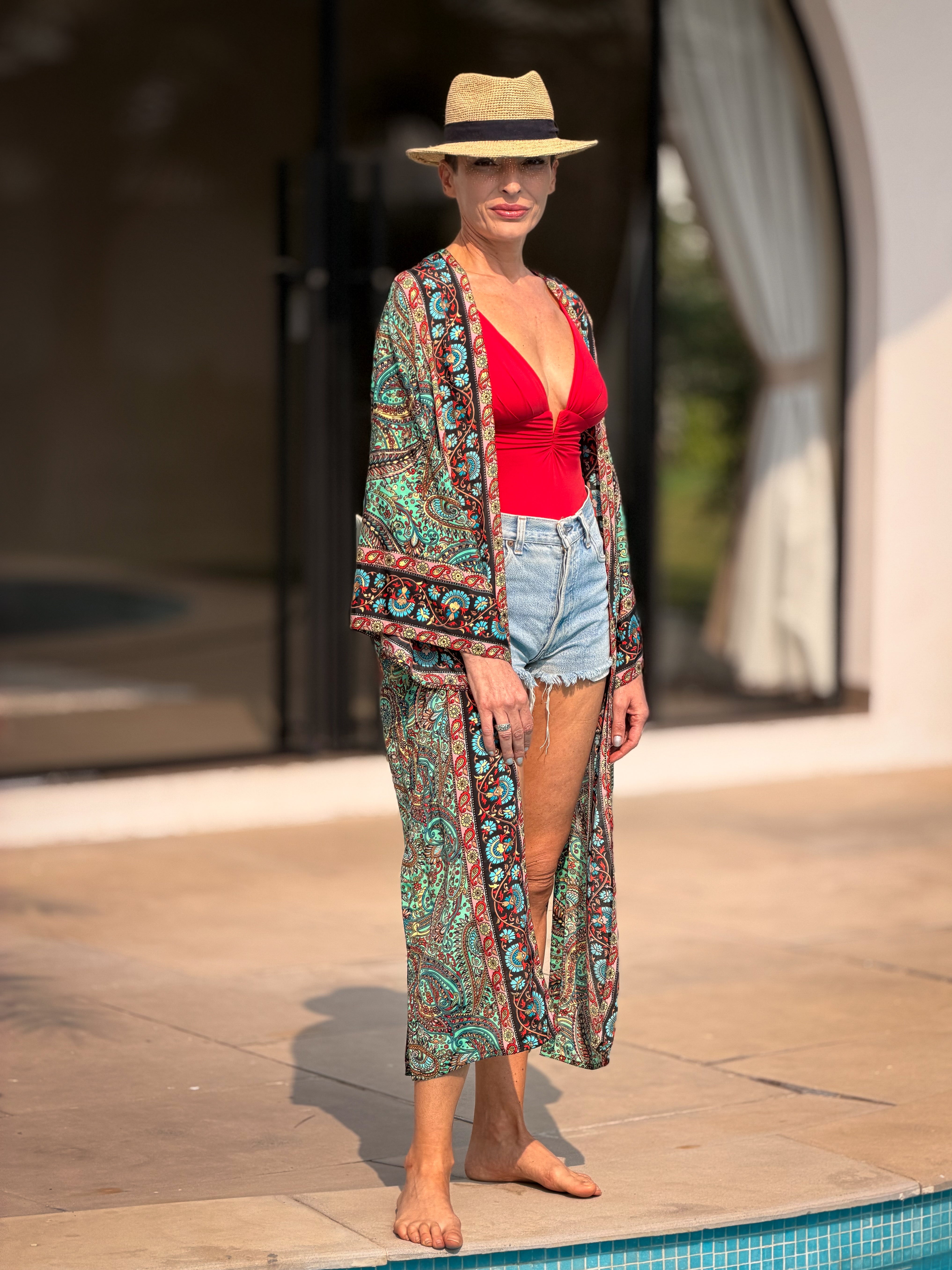 Green Vintage Silk Kimono – open front – elegant boho style