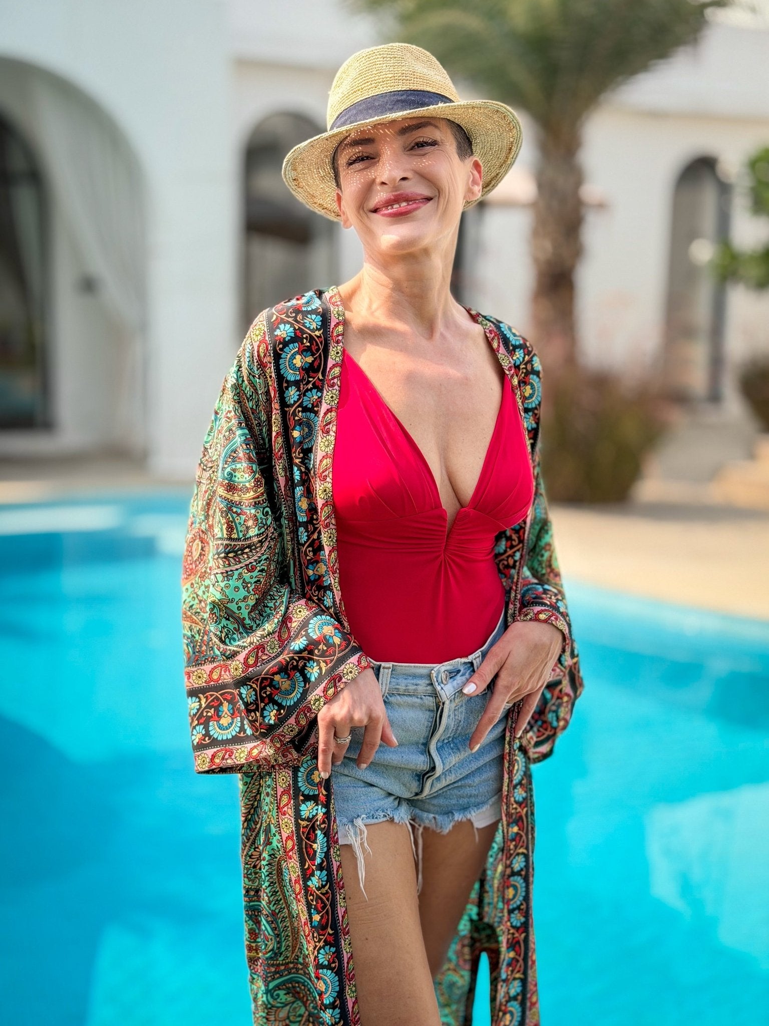 Green Vintage Silk Kimono – open front – elegant boho style