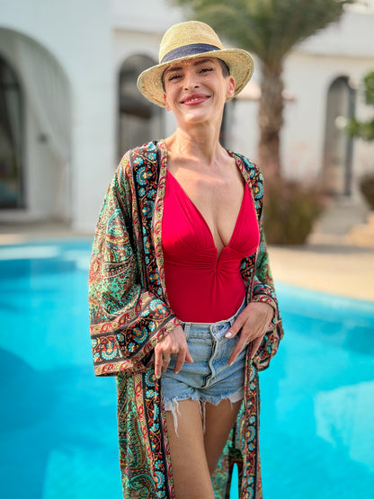 Green Vintage Silk Kimono – open front – elegant boho style