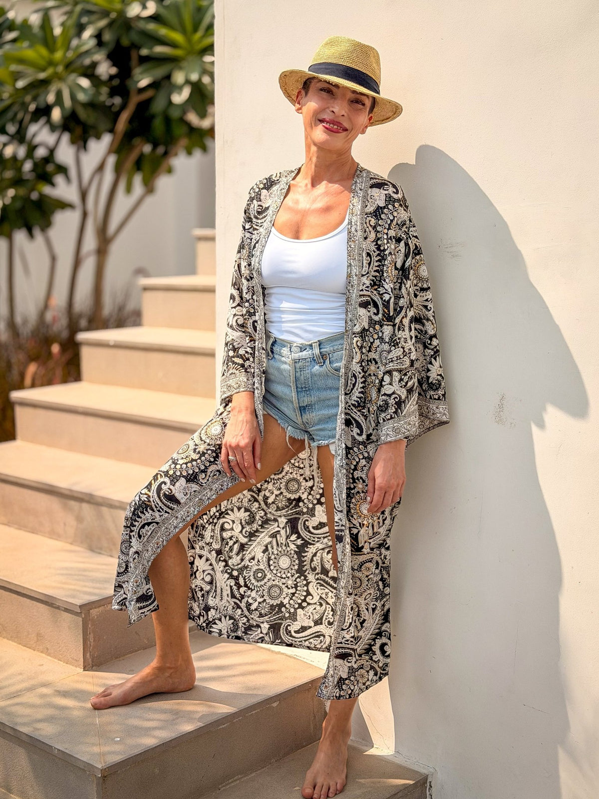 White Vintage Silk Kimono – open front – elegant boho style