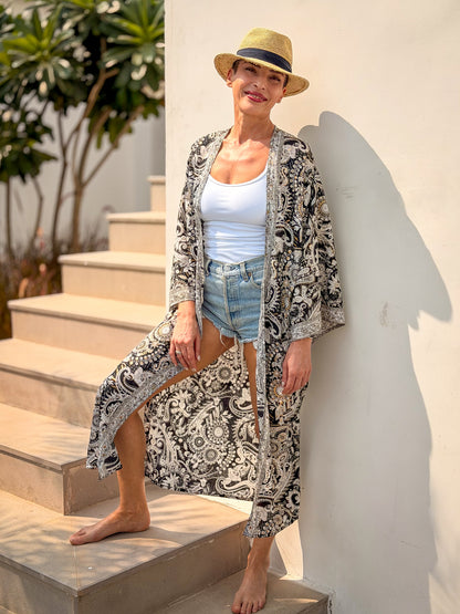 White Vintage Silk Kimono – open front – elegant boho style