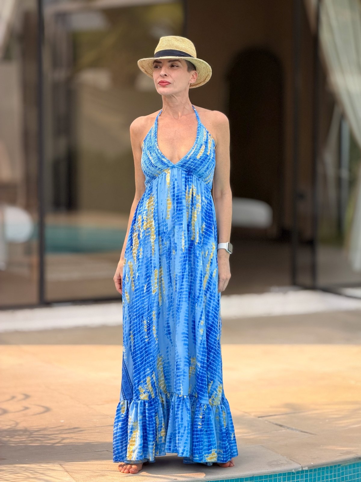 Backless Boho Maxi Dress in Silk – Gypsy Maxi Dress Blue & Gold