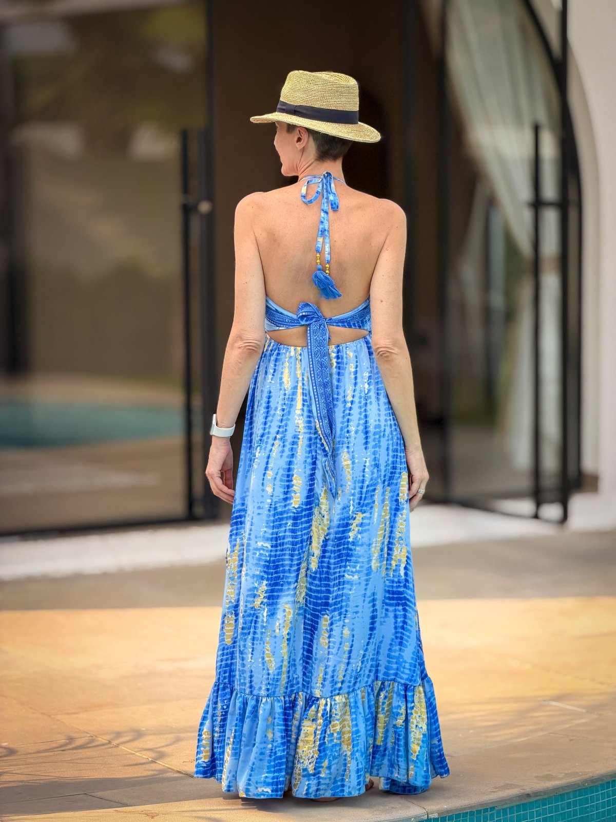 Backless Boho Maxi Dress in Silk – Gypsy Maxi Dress Blue & Gold