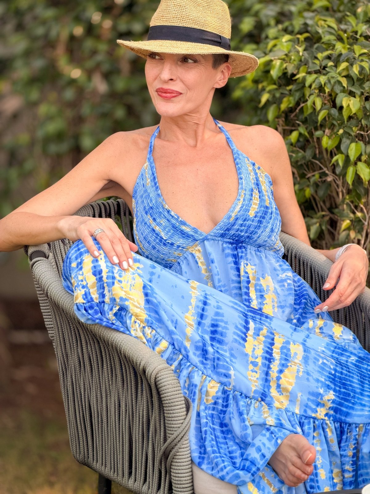 Backless Boho Maxi Dress in Silk – Gypsy Maxi Dress Blue & Gold