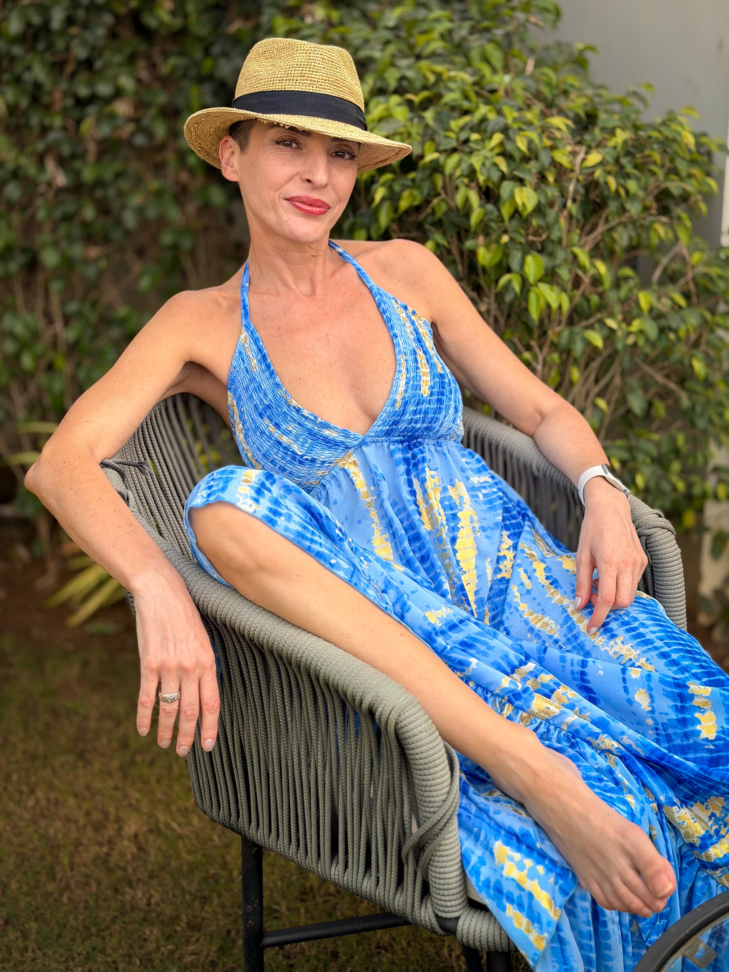 Backless Boho Maxi Dress in Silk – Gypsy Maxi Dress Blue & Gold