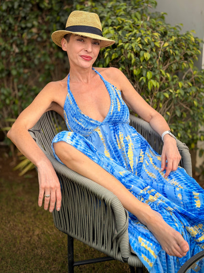 Backless Boho Maxi Dress in Silk – Gypsy Maxi Dress Blue & Gold
