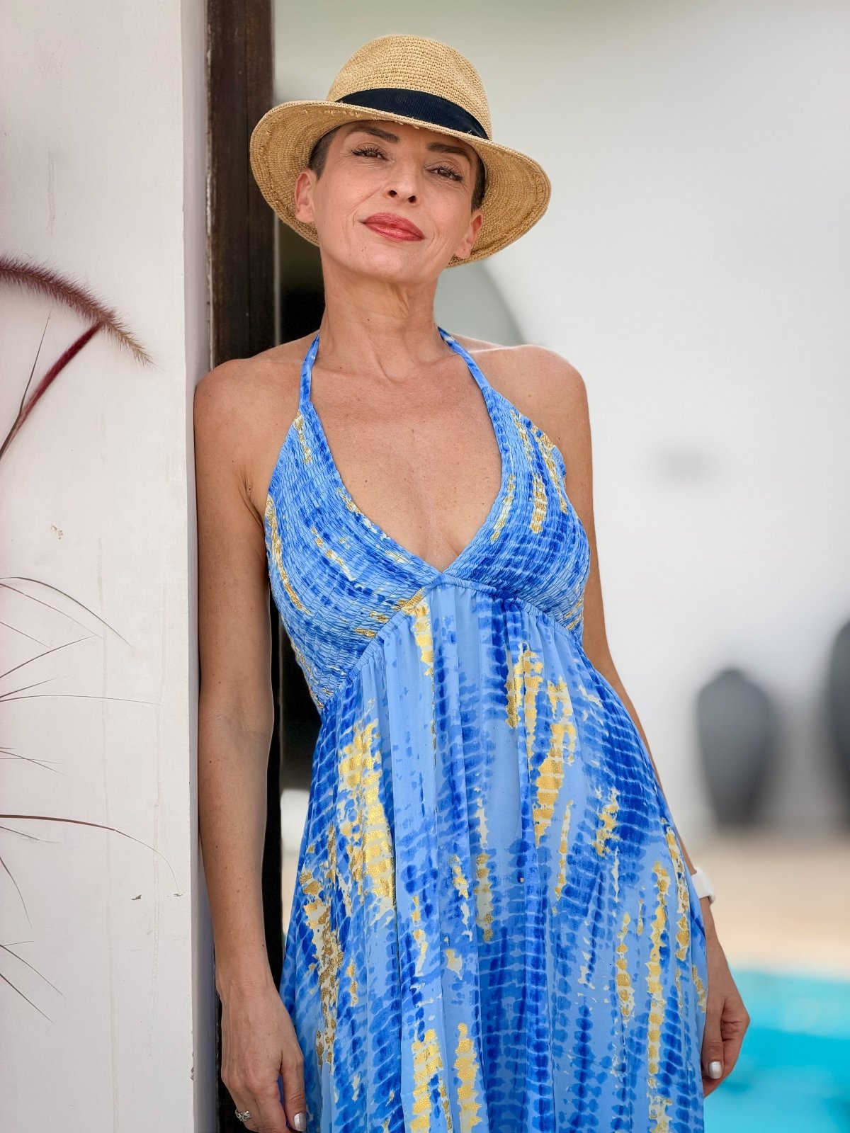 Backless Boho Maxi Dress in Silk – Gypsy Maxi Dress Blue & Gold