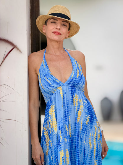 Backless Boho Maxi Dress in Silk – Gypsy Maxi Dress Blue & Gold