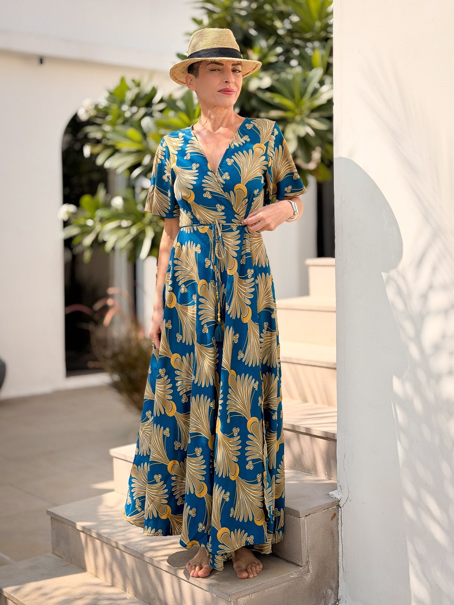 Boho wrap dress in silk  – short sleeves, V-neck, fluid fit