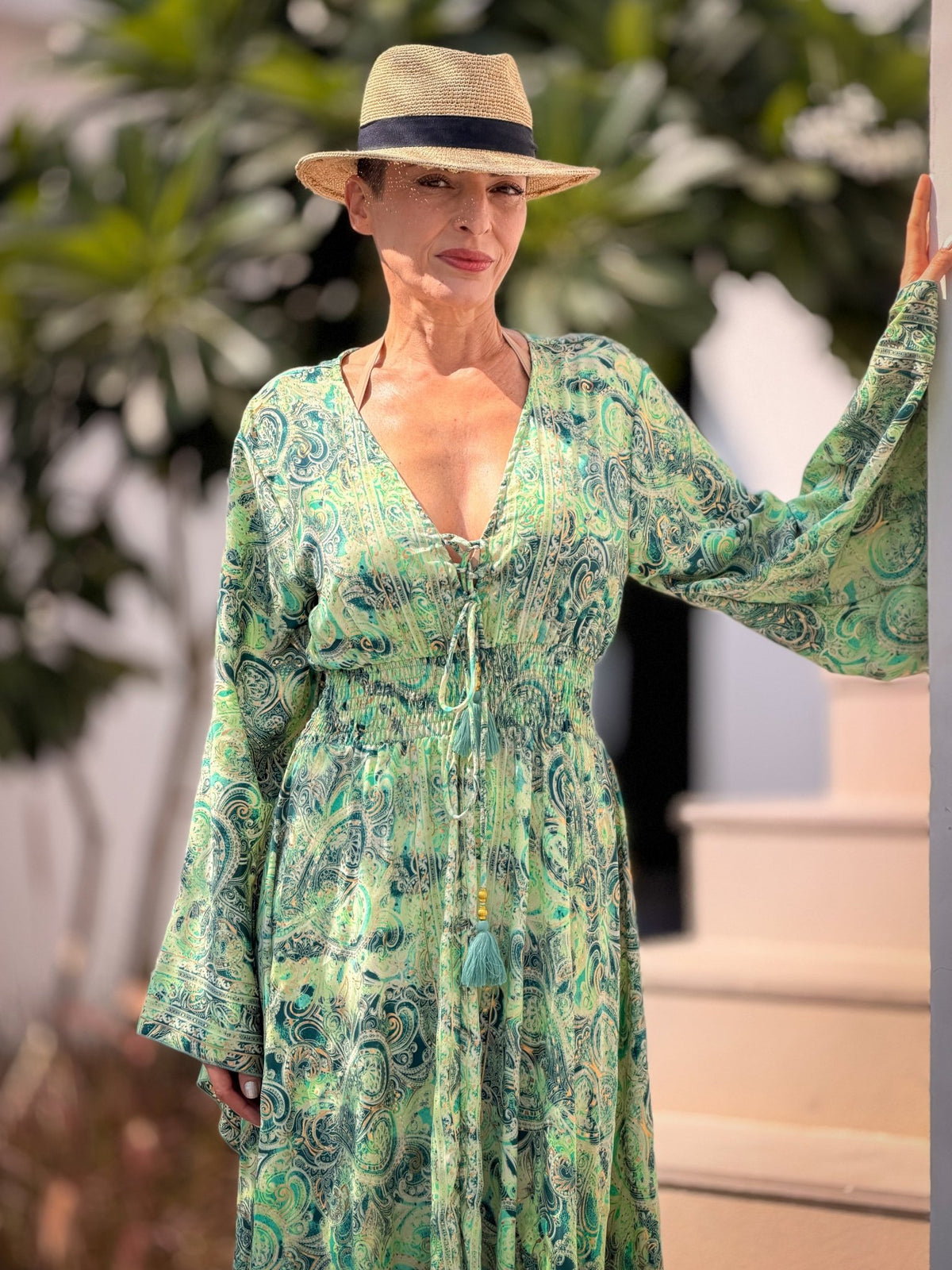 Silk maxi dress – lace-up front, vintage boho style