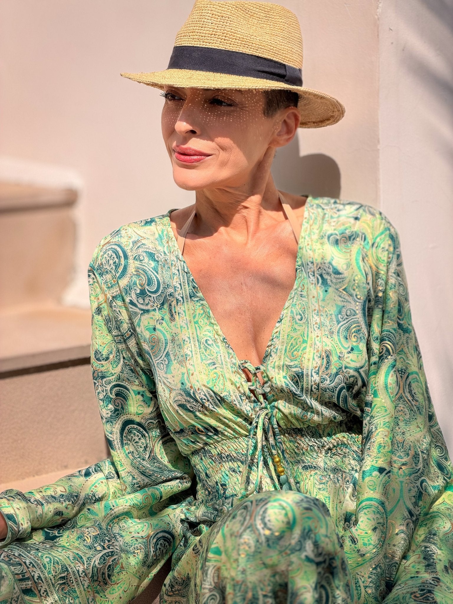 Silk maxi dress – lace-up front, vintage boho style
