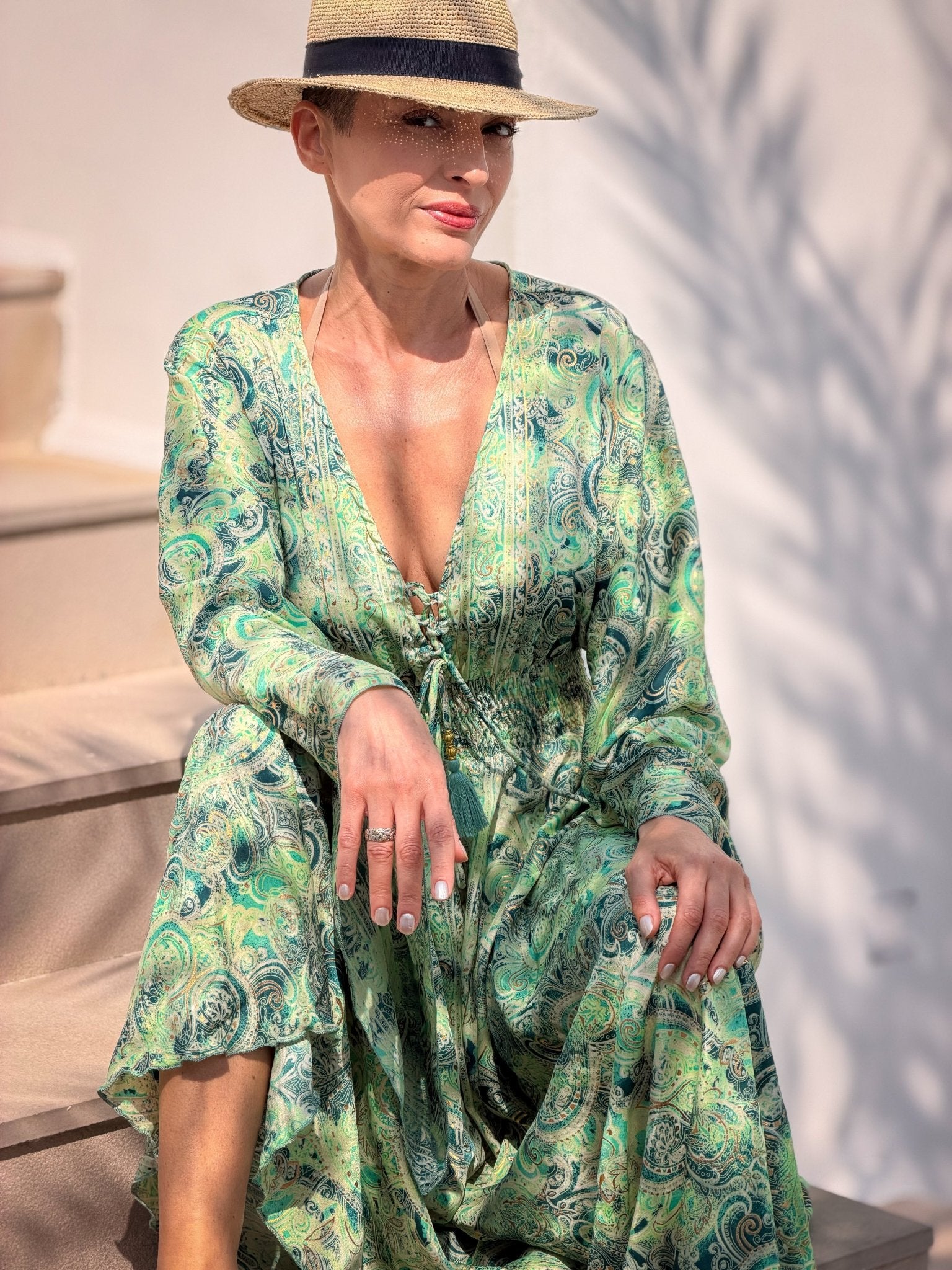 Silk maxi dress – lace-up front, vintage boho style