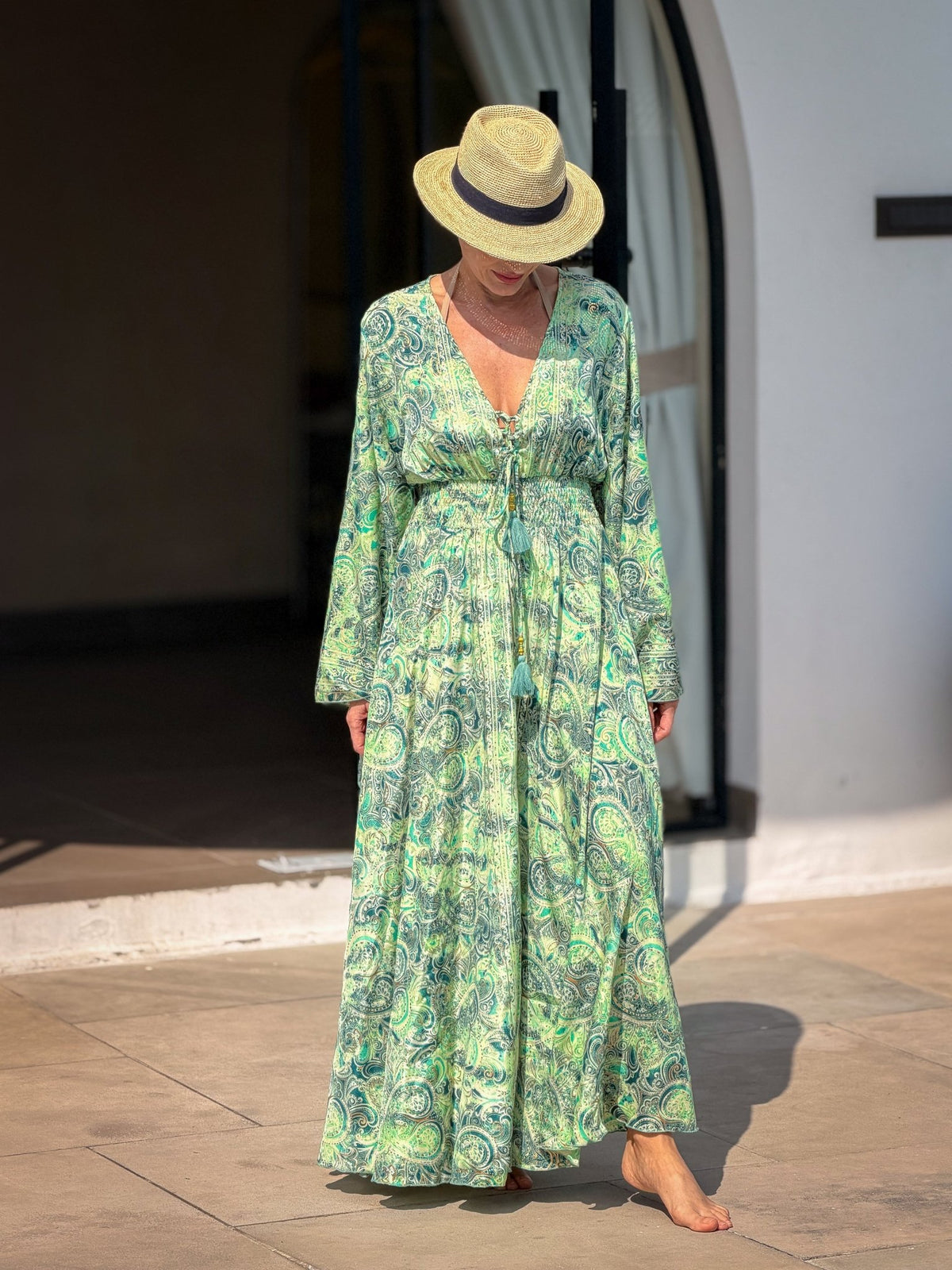 Silk maxi dress – lace-up front, vintage boho style