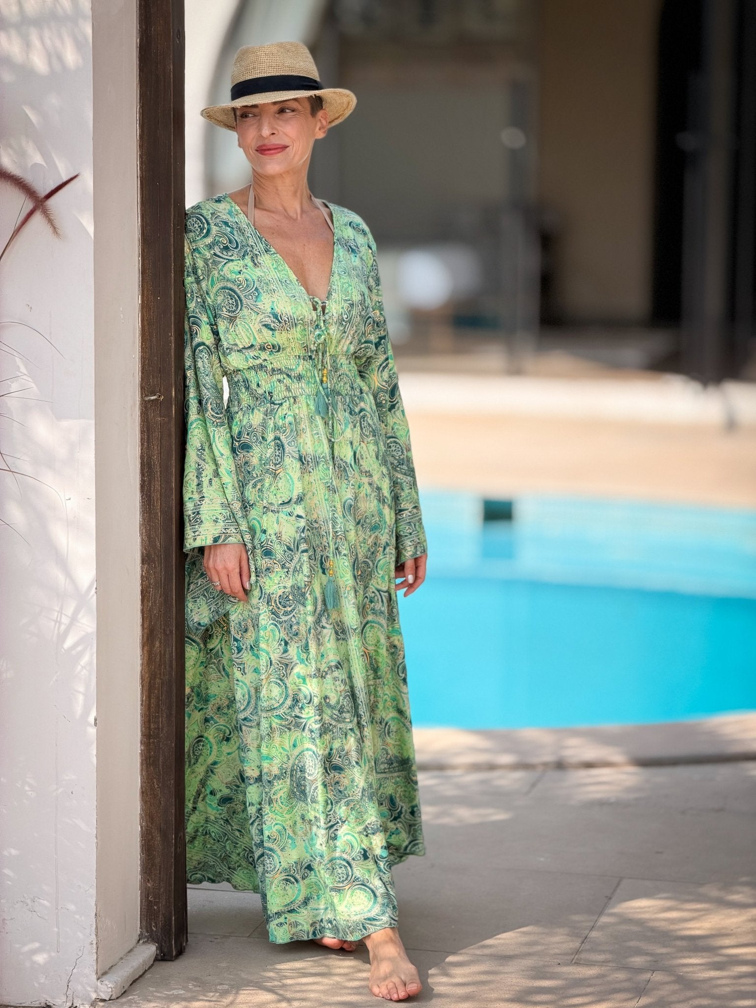 Silk maxi dress – lace-up front, vintage boho style