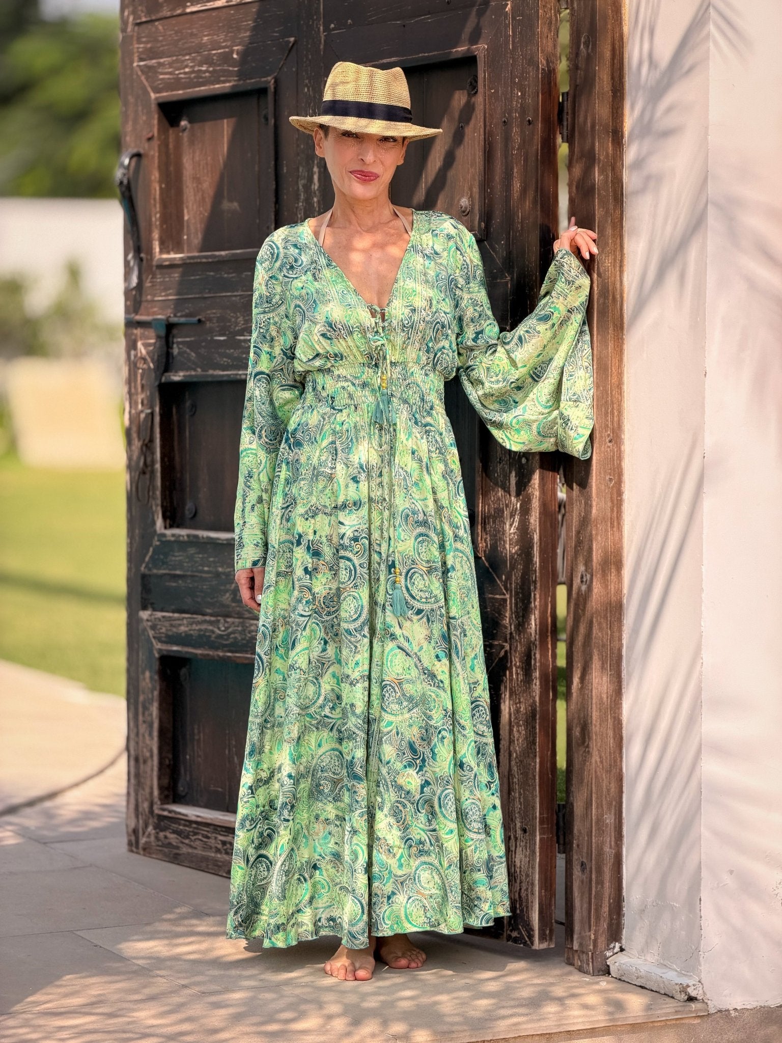 Silk maxi dress – lace-up front, vintage boho style