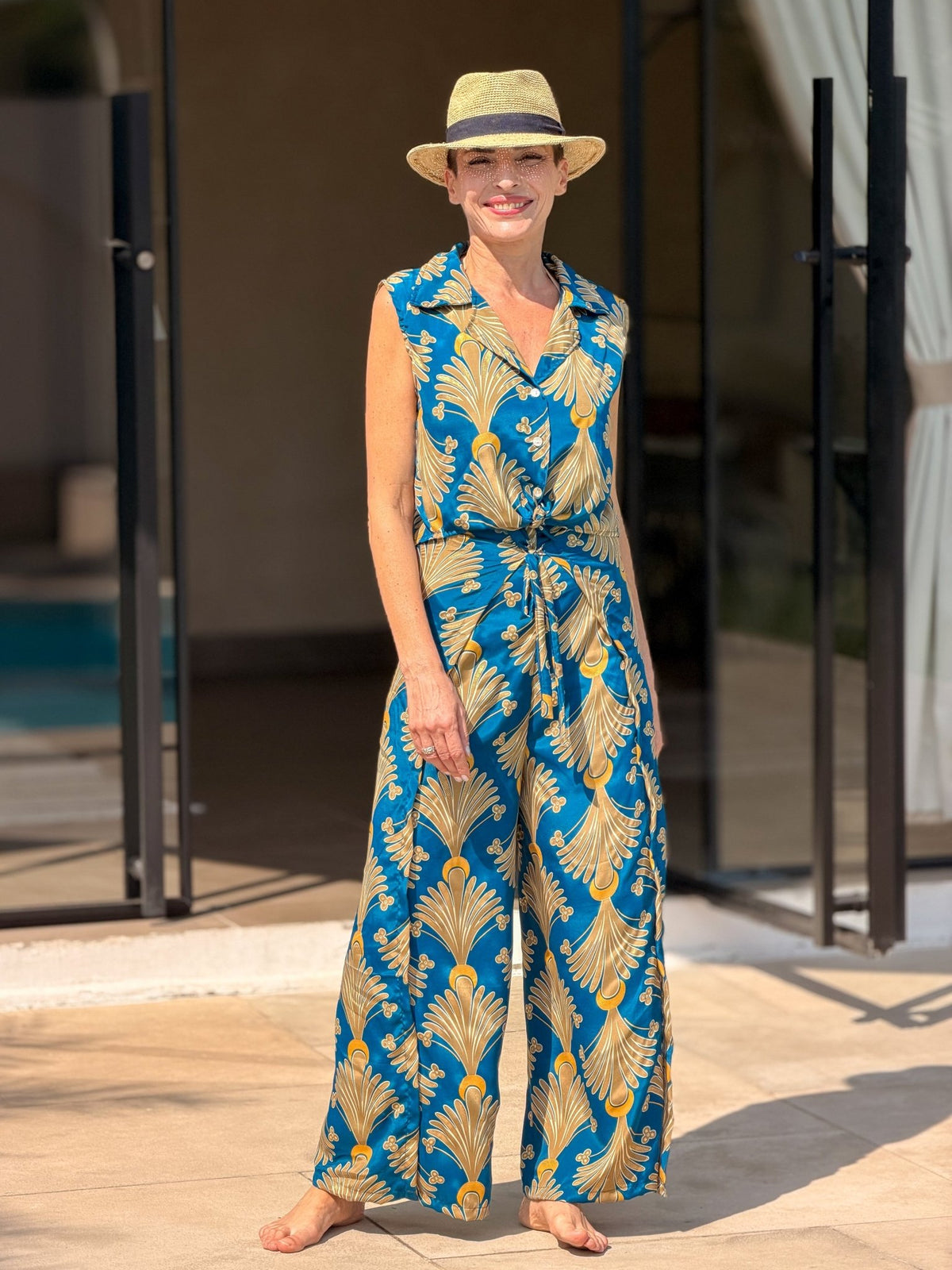 Boho silk set – sleeveless blouse & flowy wrap pants