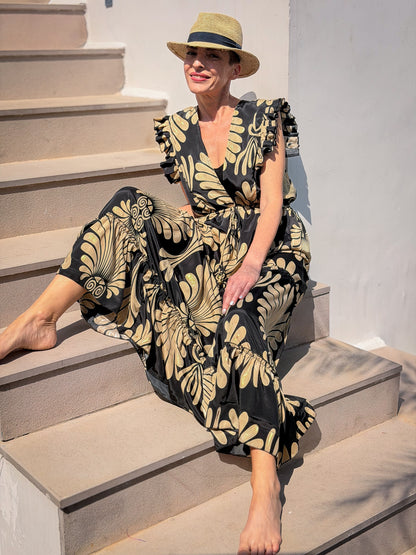 Robe longue bohème en soie  – dos ouvert, décolleté V, coupe fluide